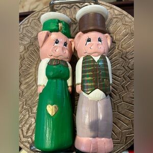 Charming Farmer Pig Figurines - Green and Brown Tall handmade